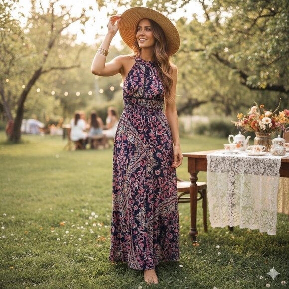 New Anthropologie Abel the Label Floral Halter Maxi Dress Small S Sm Navy‎ Red + - Picture 10 of 10